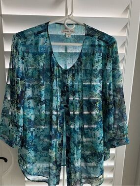 Coldwater Creek Women's Teal & Navy Abstract Sheer Tunic
